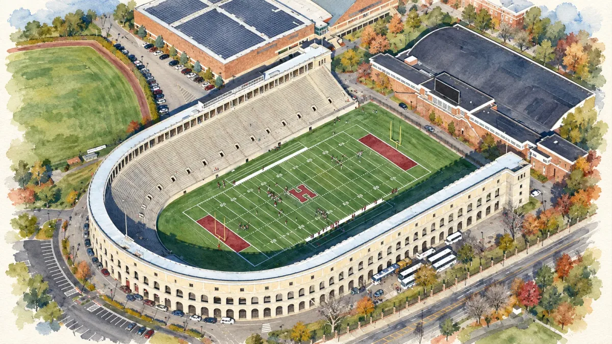 Watercolor illustration of Harvard Stadium