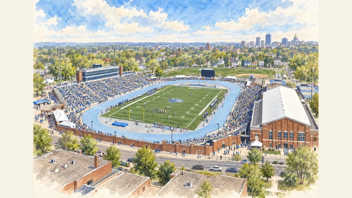 Watercolor illustration of Drake Stadium