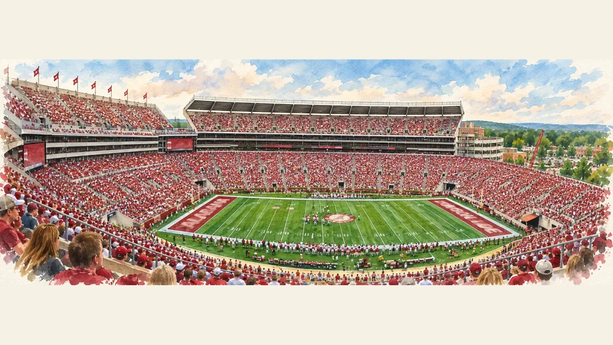 Watercolor illustration of Bryant-Denny Stadium