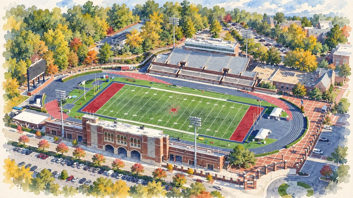 Watercolor illustration of E. Claiborne Robins Stadium