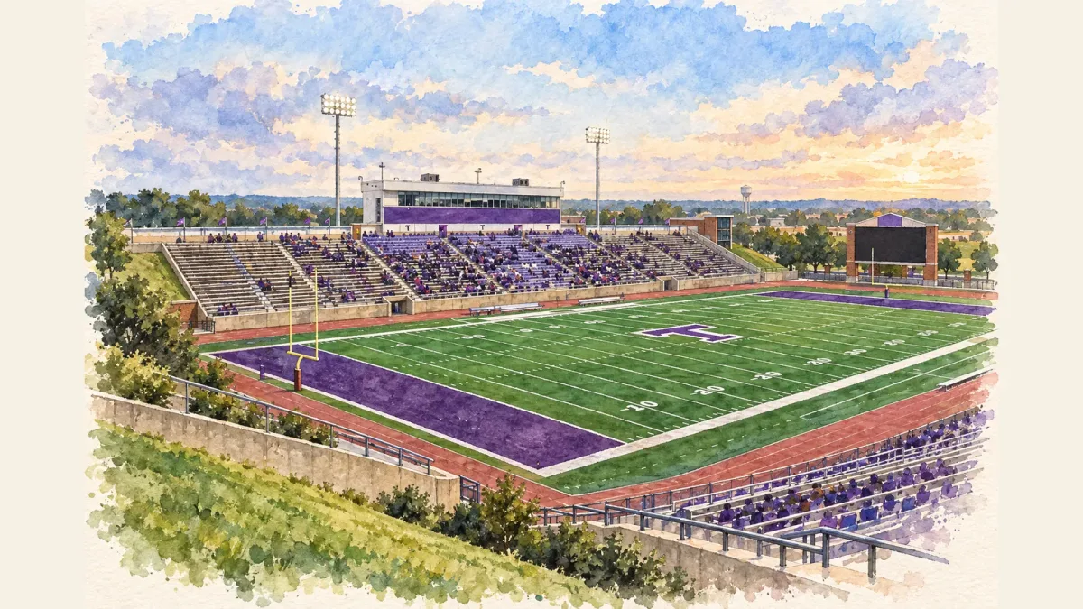 Watercolor illustration of Memorial Stadium (Stephenville, TX)