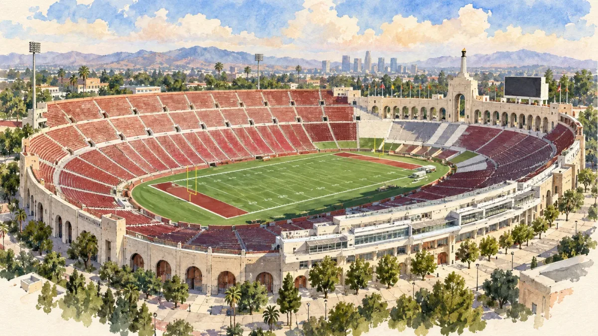 Watercolor illustration of Los Angeles Memorial Coliseum
