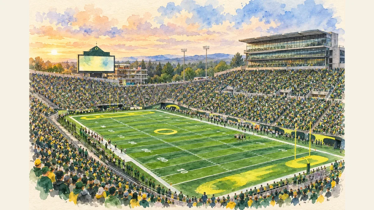 Watercolor illustration of Autzen Stadium