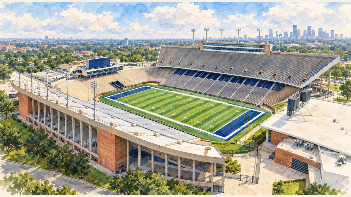 Watercolor illustration of Rice Stadium