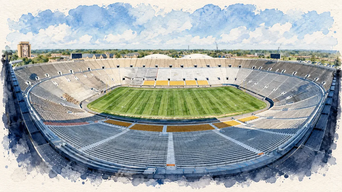 Watercolor illustration of Notre Dame Stadium