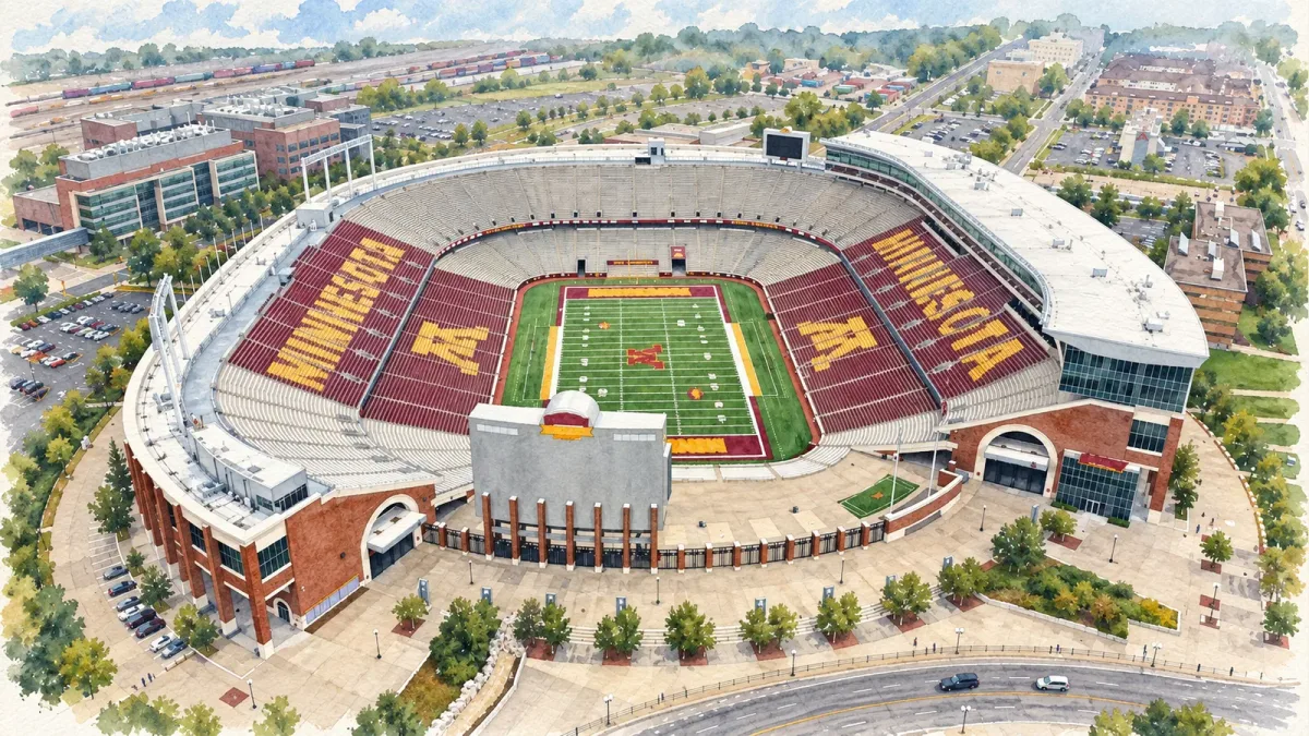 Watercolor illustration of Huntington Bank Stadium