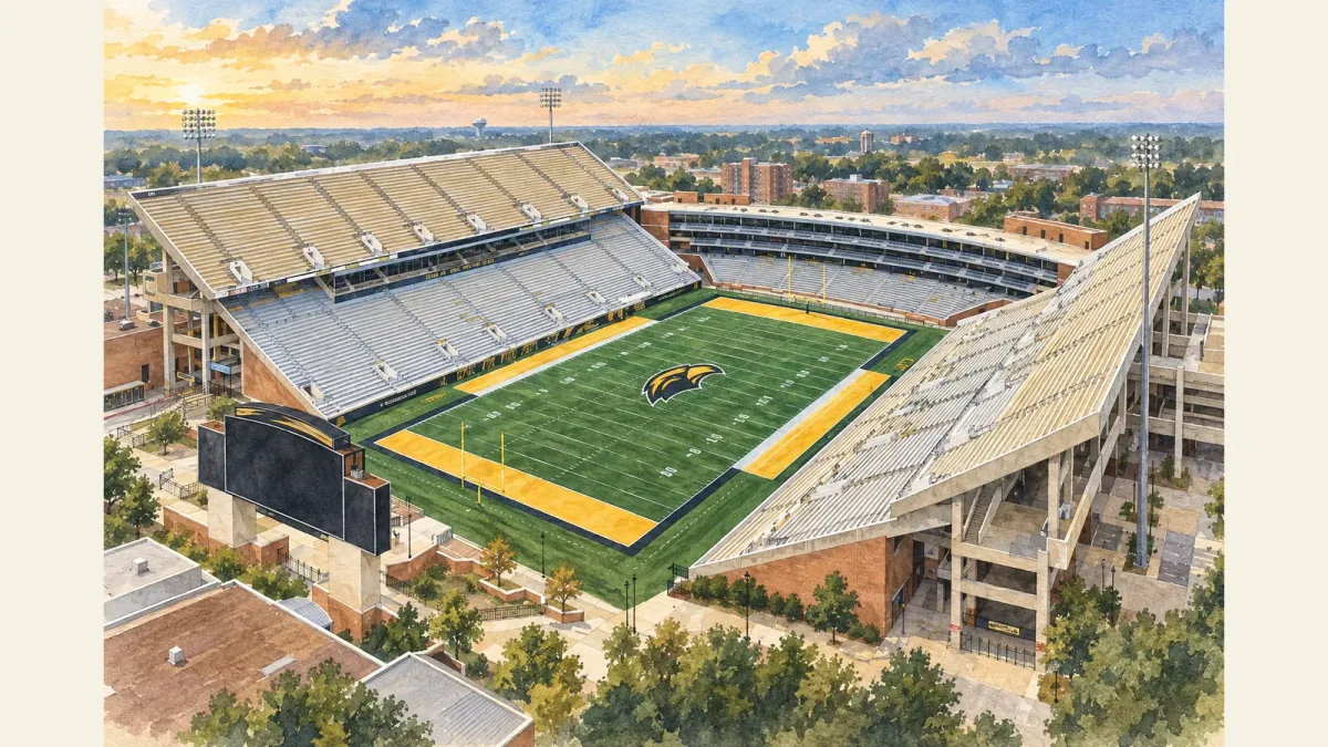 Watercolor illustration of M. M. Roberts Stadium