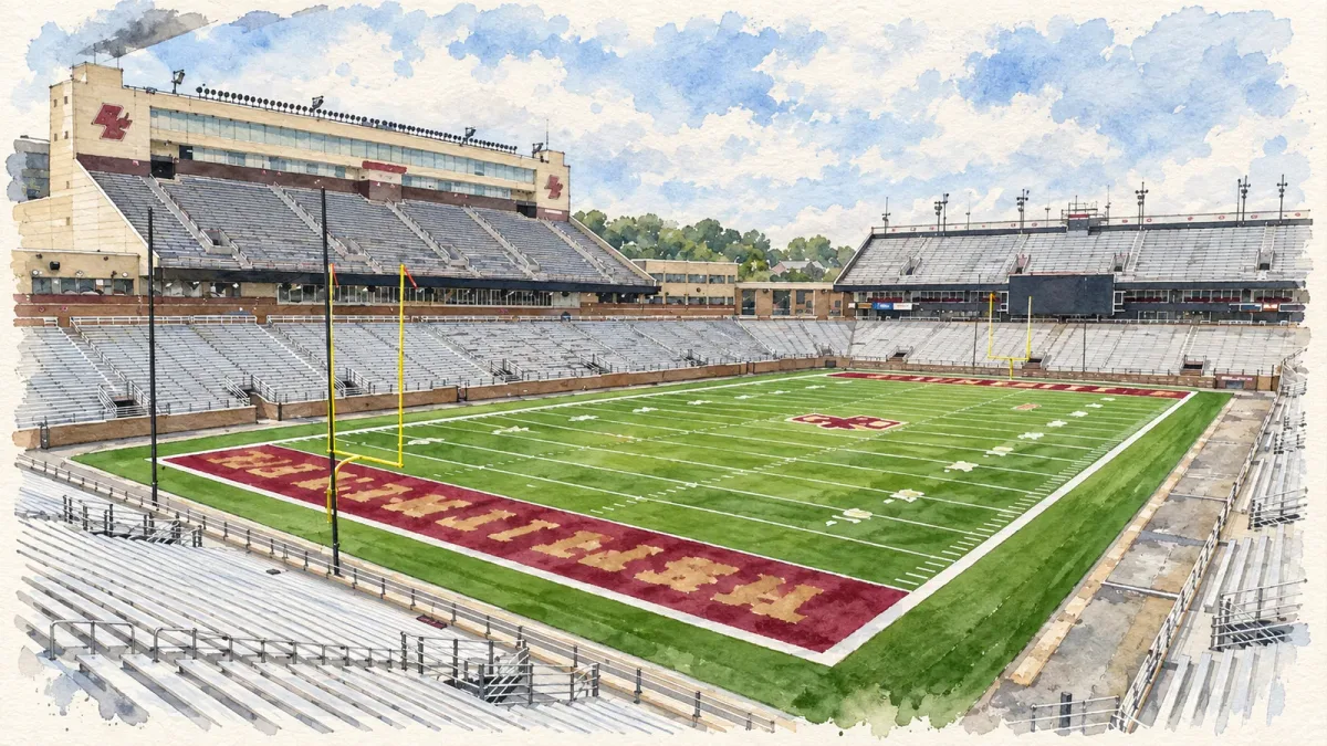 Watercolor illustration of Alumni Stadium (Chestnut Hill, MA)