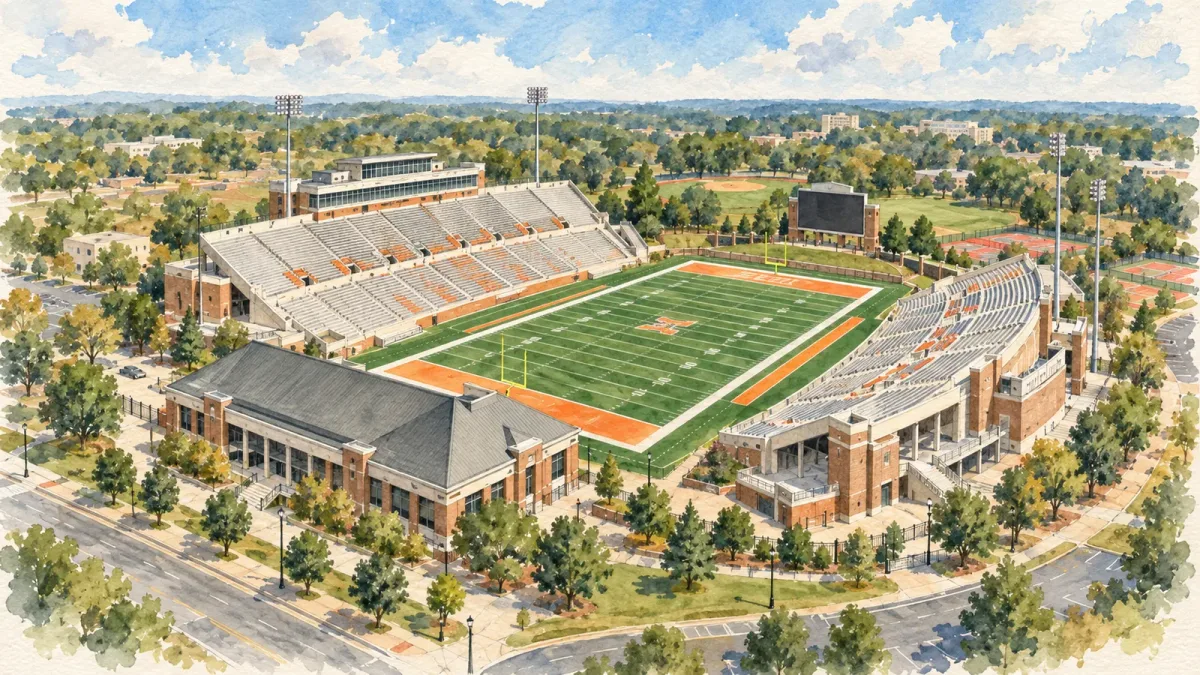 Watercolor illustration of Five Star Stadium at the Moye Complex