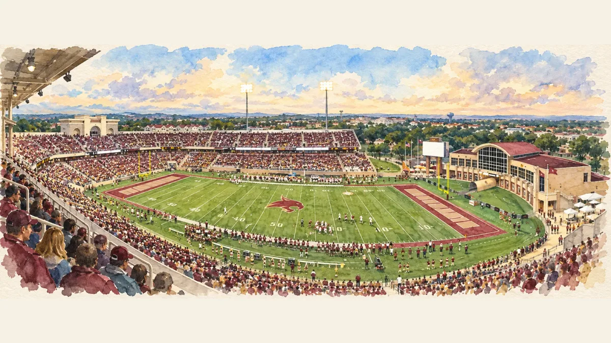Watercolor illustration of Bobcat Stadium (TX)