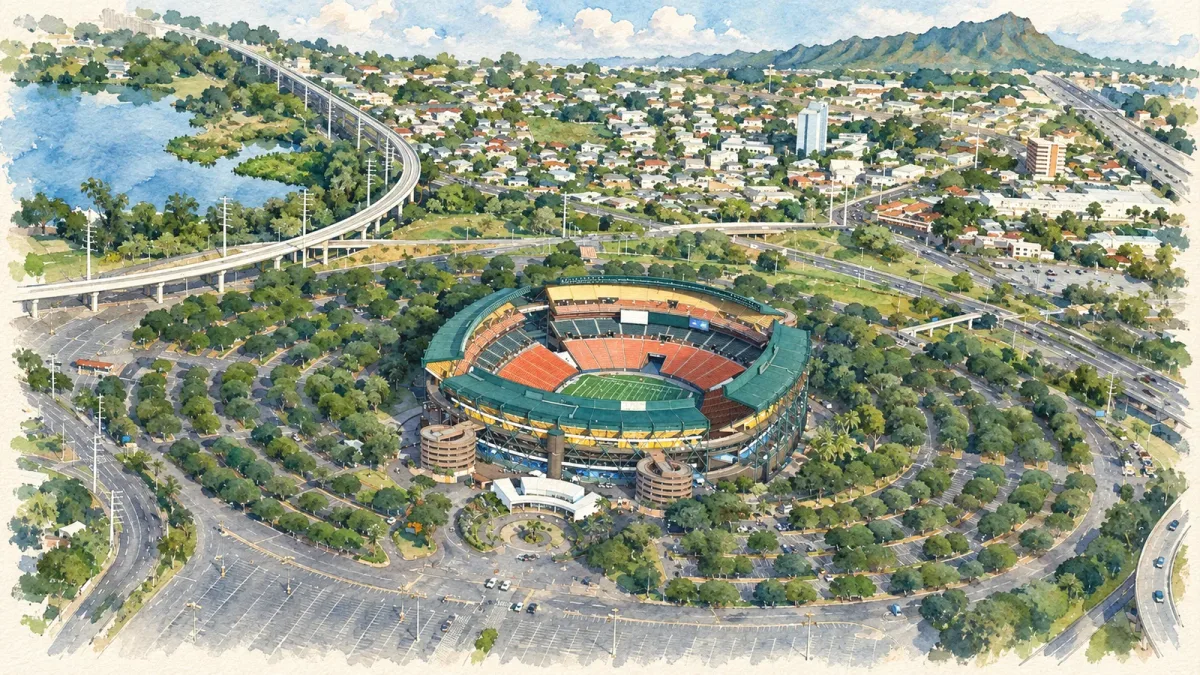 Watercolor illustration of Clarence T.C. Ching Athletics Complex