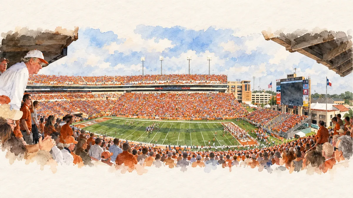 Watercolor illustration of DKR-Texas Memorial Stadium