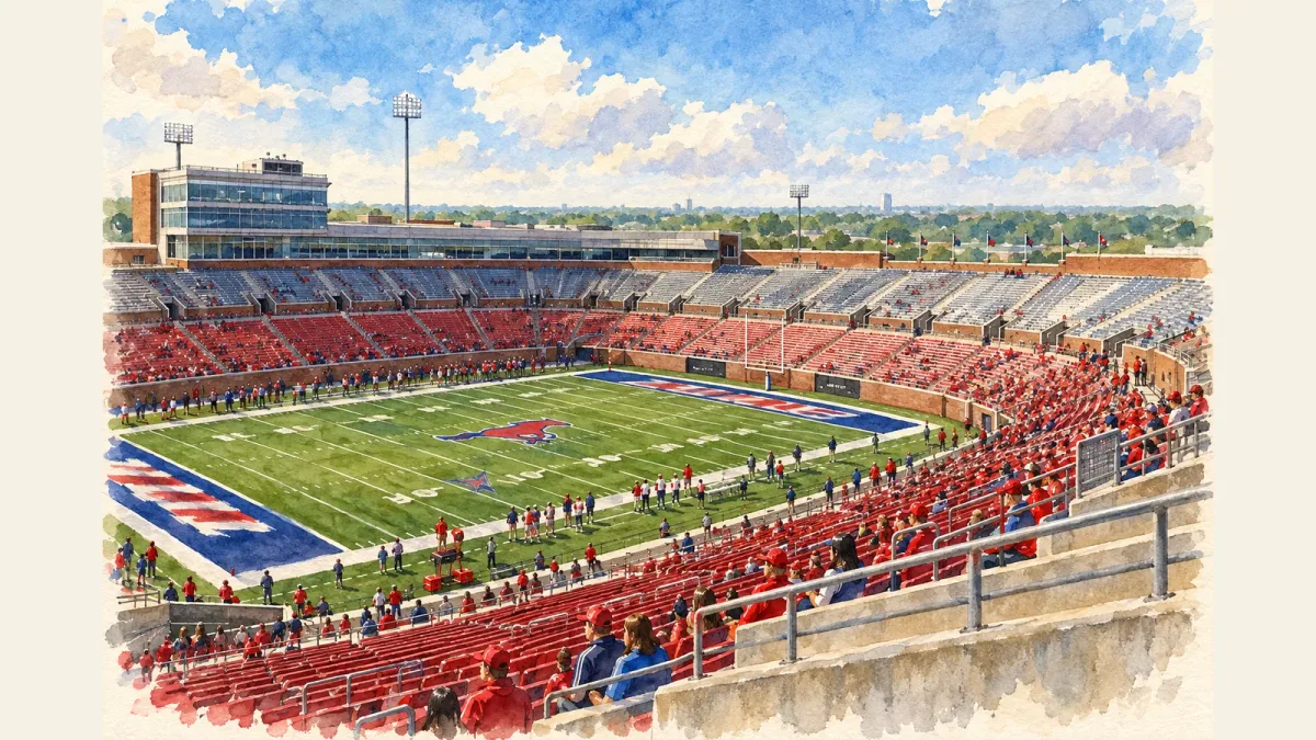 Watercolor illustration of Gerald J. Ford Stadium