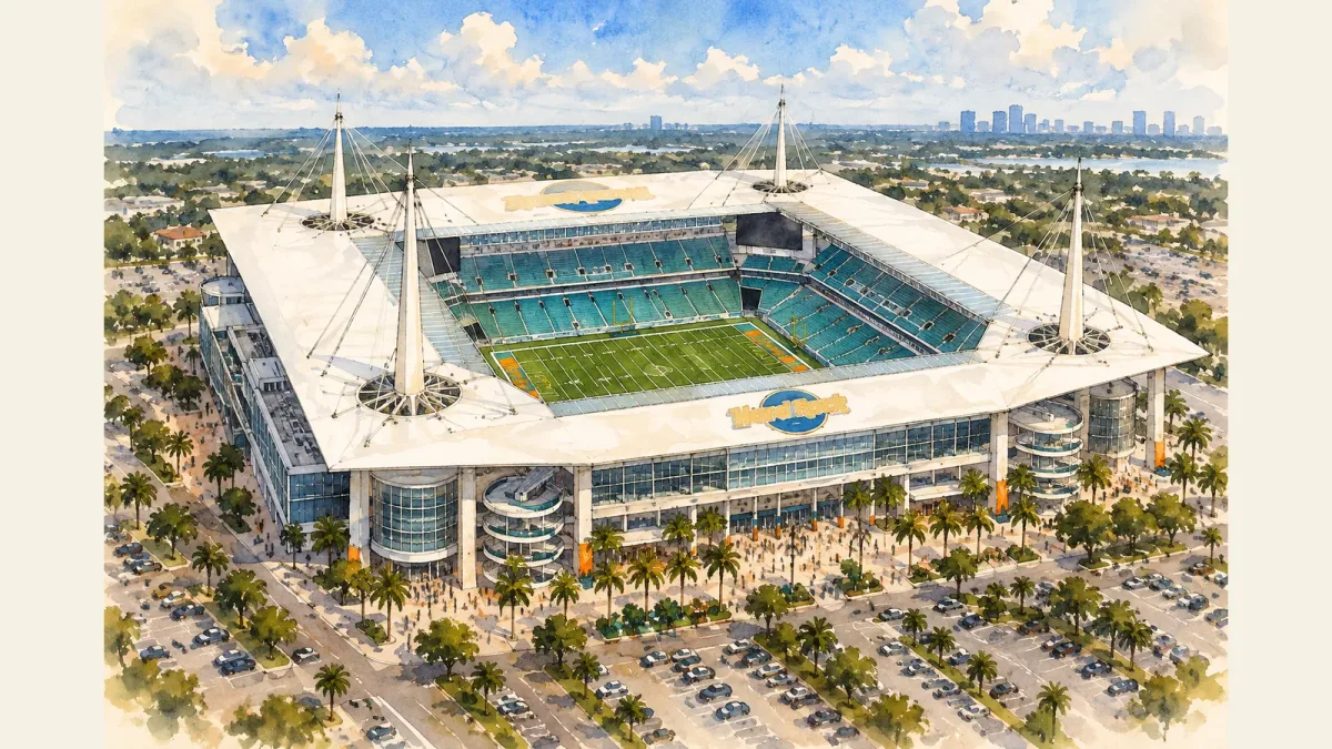 Watercolor illustration of Hard Rock Stadium