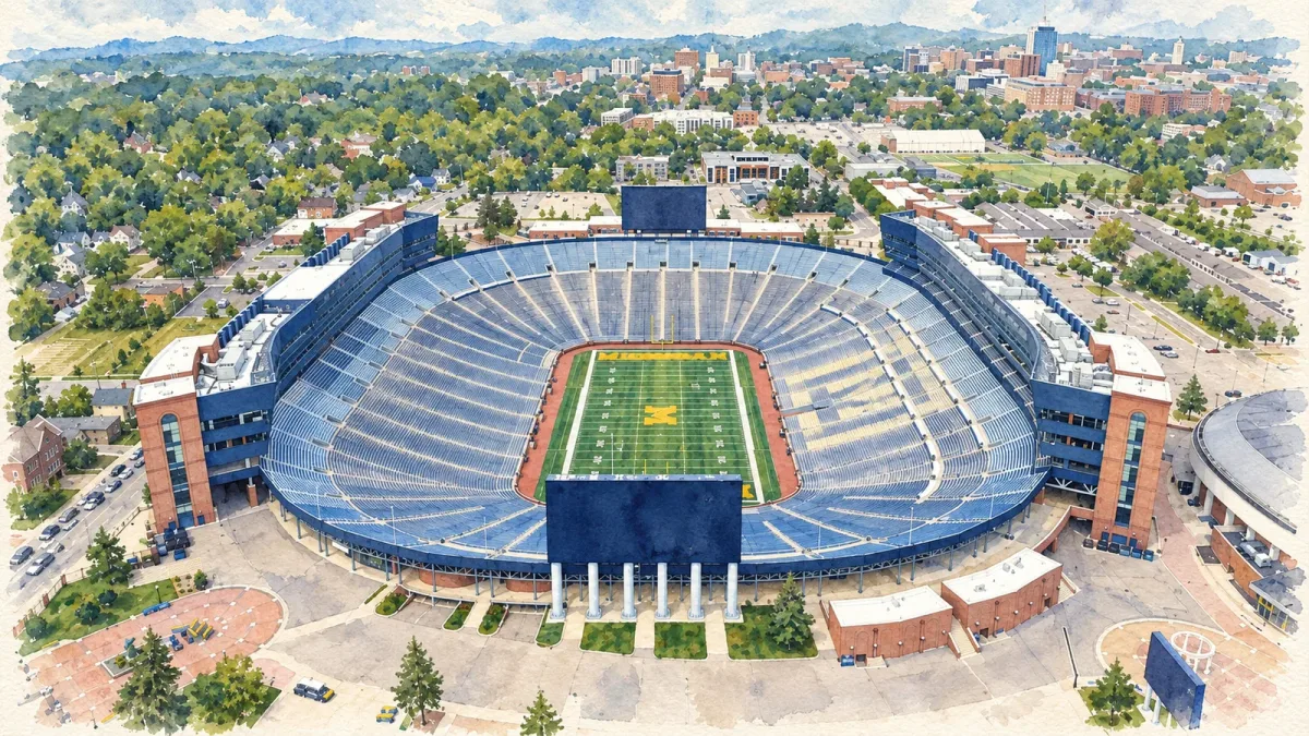Watercolor illustration of Michigan Stadium