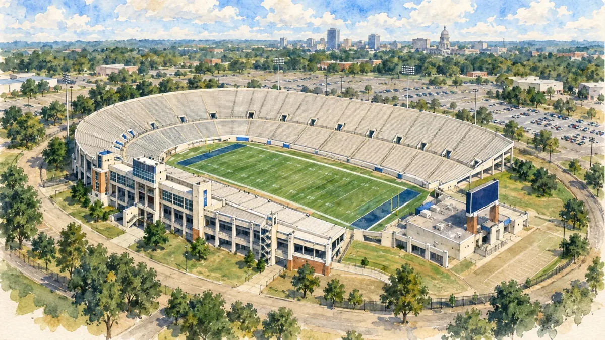 Watercolor illustration of Mississippi Veterans Memorial Stadium