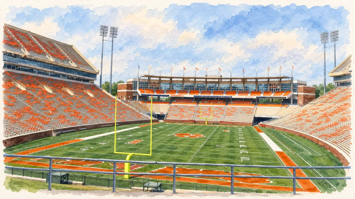 Watercolor illustration of Memorial Stadium (Clemson, SC)