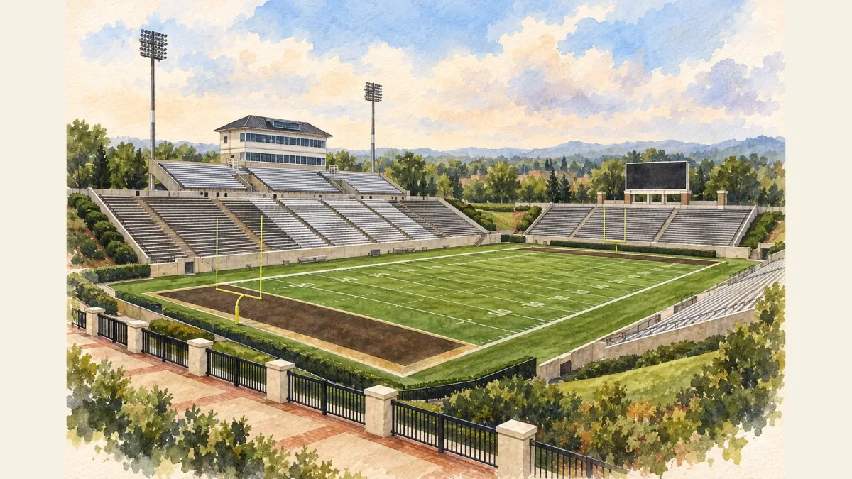 Watercolor illustration of Gibbs Stadium