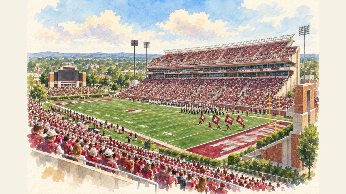 Watercolor illustration of Roy Kidd Stadium