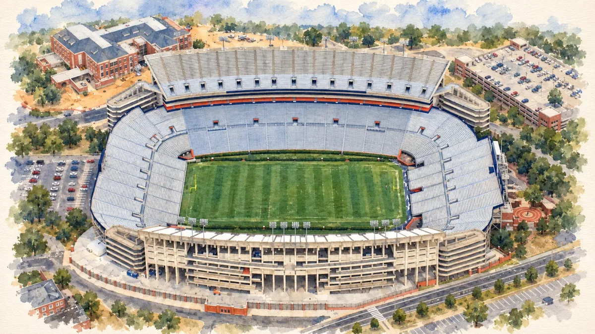 Watercolor illustration of Jordan-Hare Stadium