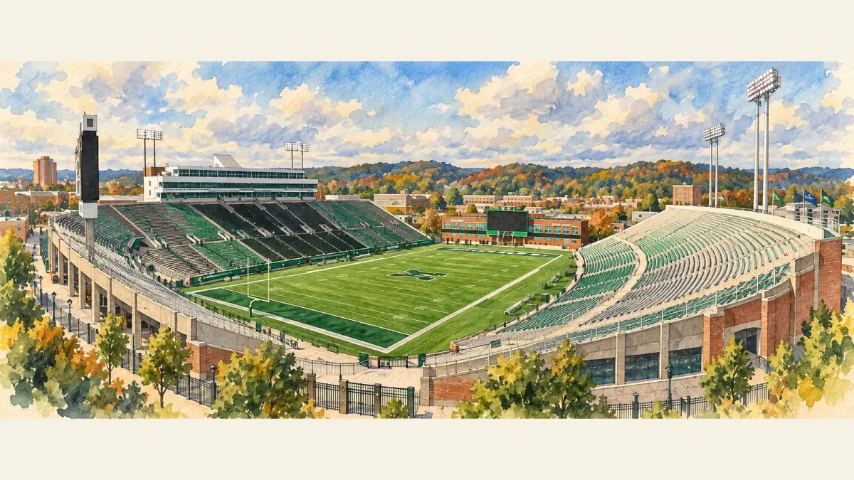 Watercolor illustration of Joan C. Edwards Stadium