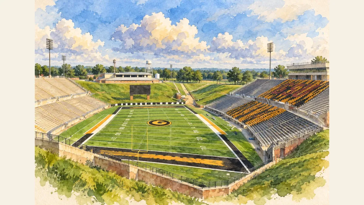 Watercolor illustration of Eddie Robinson Stadium