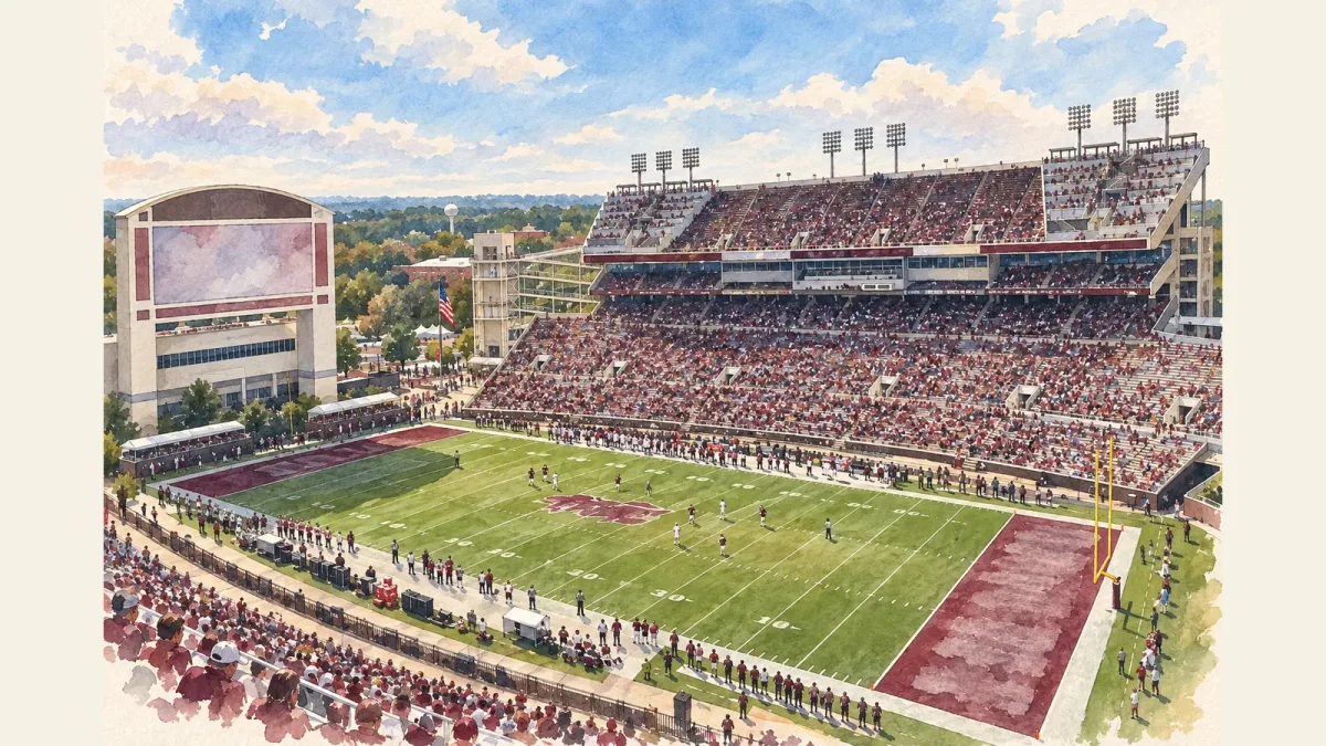 Watercolor illustration of Davis Wade Stadium