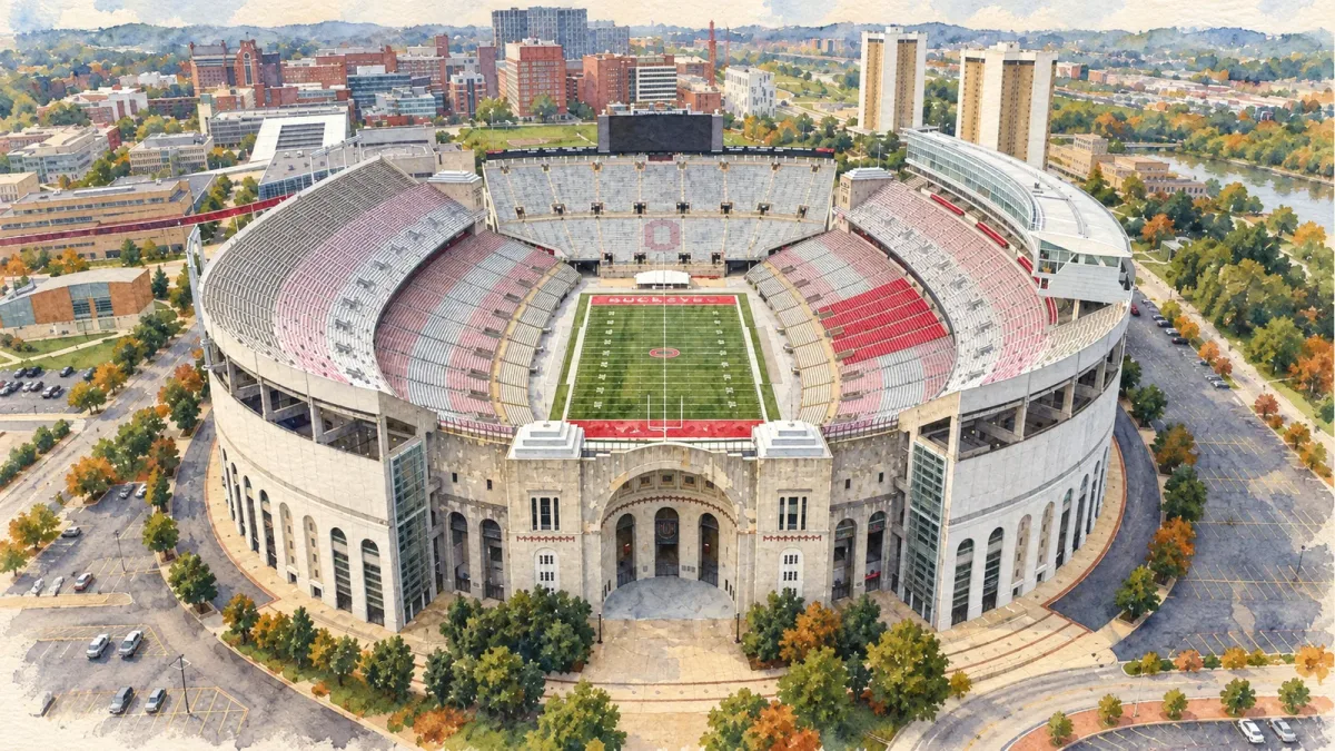 Watercolor illustration of Ohio Stadium
