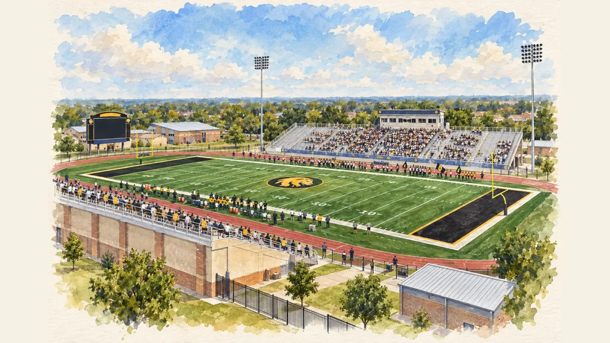 Watercolor illustration of Memorial Stadium (Commerce TX)