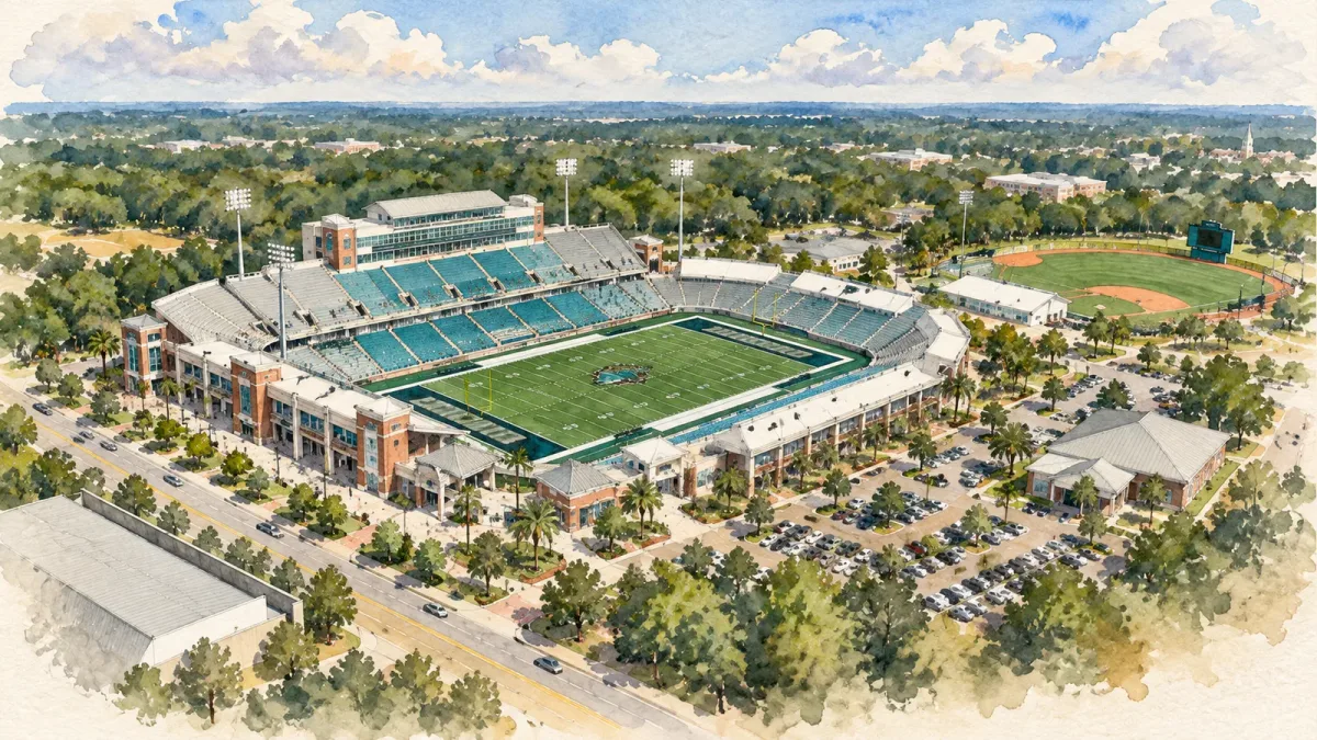 Watercolor illustration of Brooks Stadium (SC)