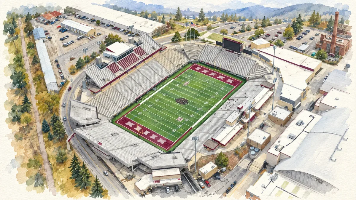 Watercolor illustration of Washington-Grizzly Stadium