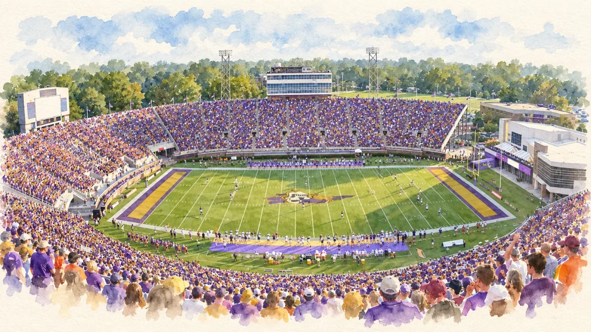 Watercolor illustration of Dowdy-Ficklen Stadium