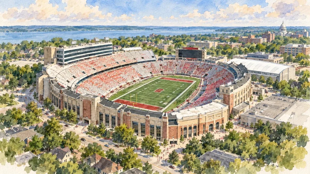 Watercolor illustration of Camp Randall Stadium