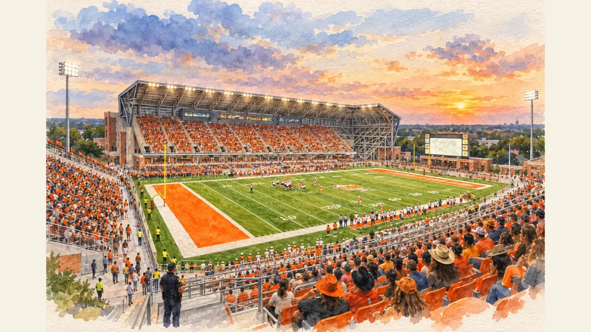 Watercolor illustration of Robert and Janet Vackar Stadium
