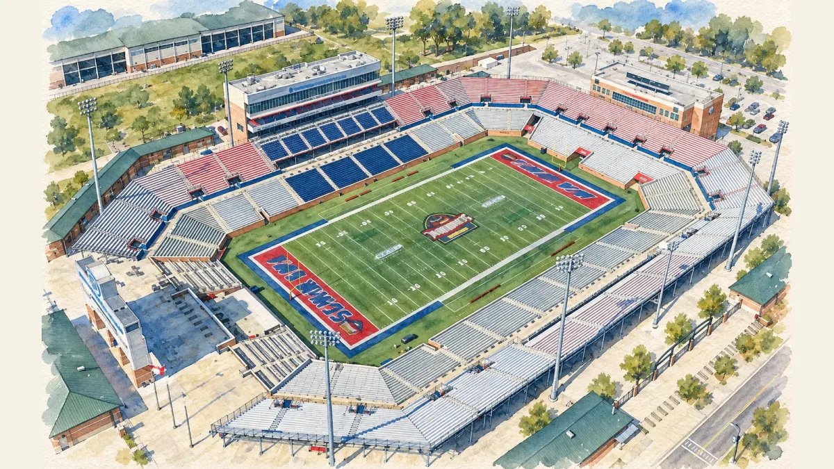 Watercolor illustration of Hancock Whitney Stadium