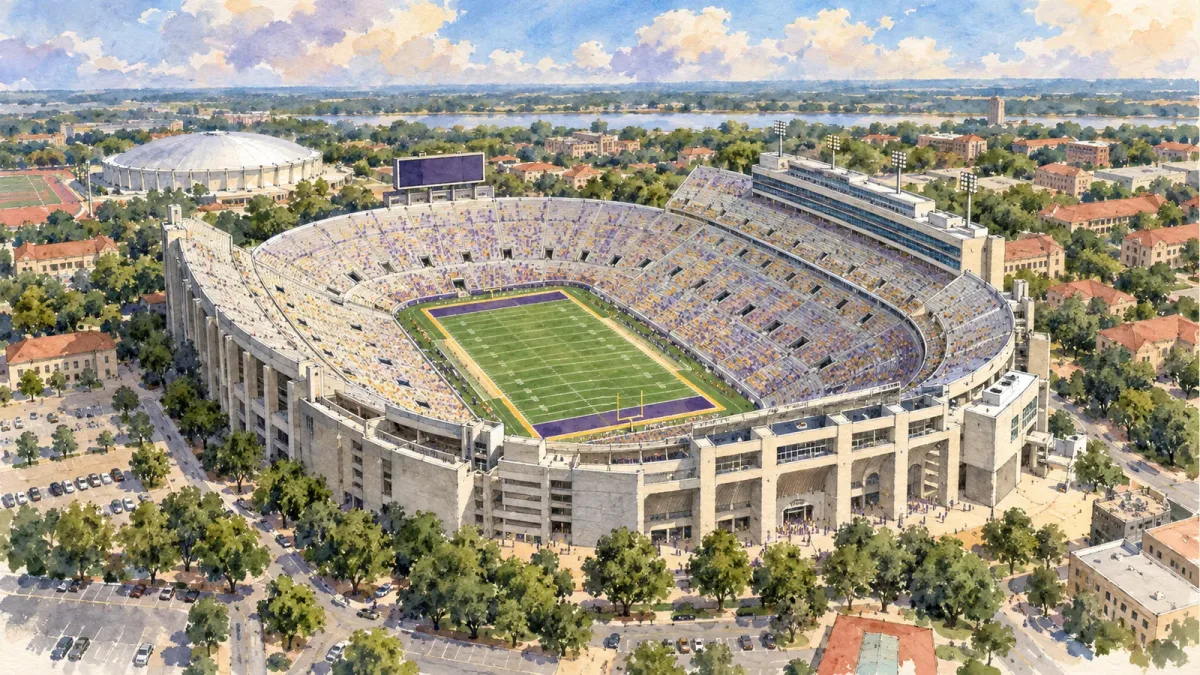 Watercolor illustration of Tiger Stadium (LA)