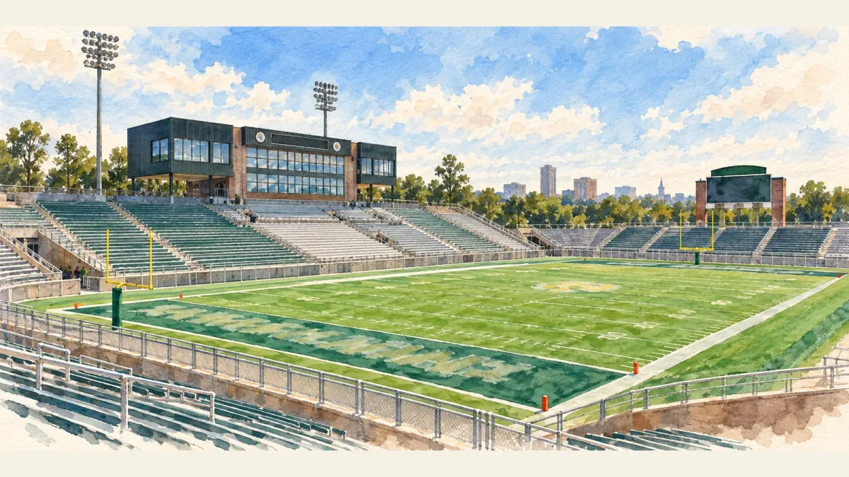 Watercolor illustration of William Dick"" Price Stadium""
