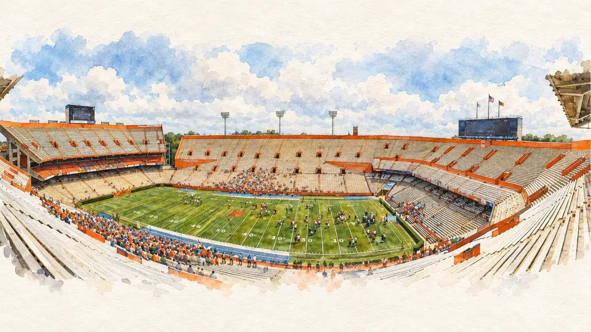 Watercolor illustration of Bragg Memorial Stadium