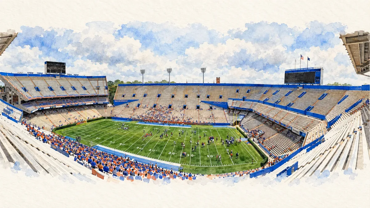 Watercolor illustration of Ben Hill Griffin Stadium