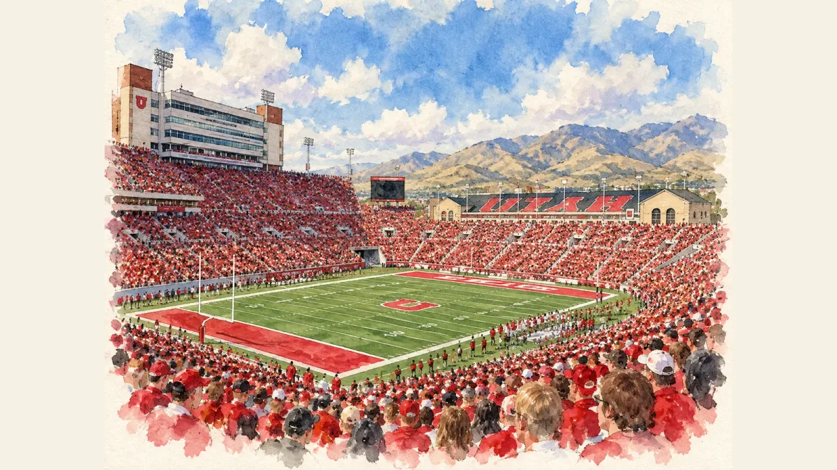 Watercolor illustration of Rice-Eccles Stadium