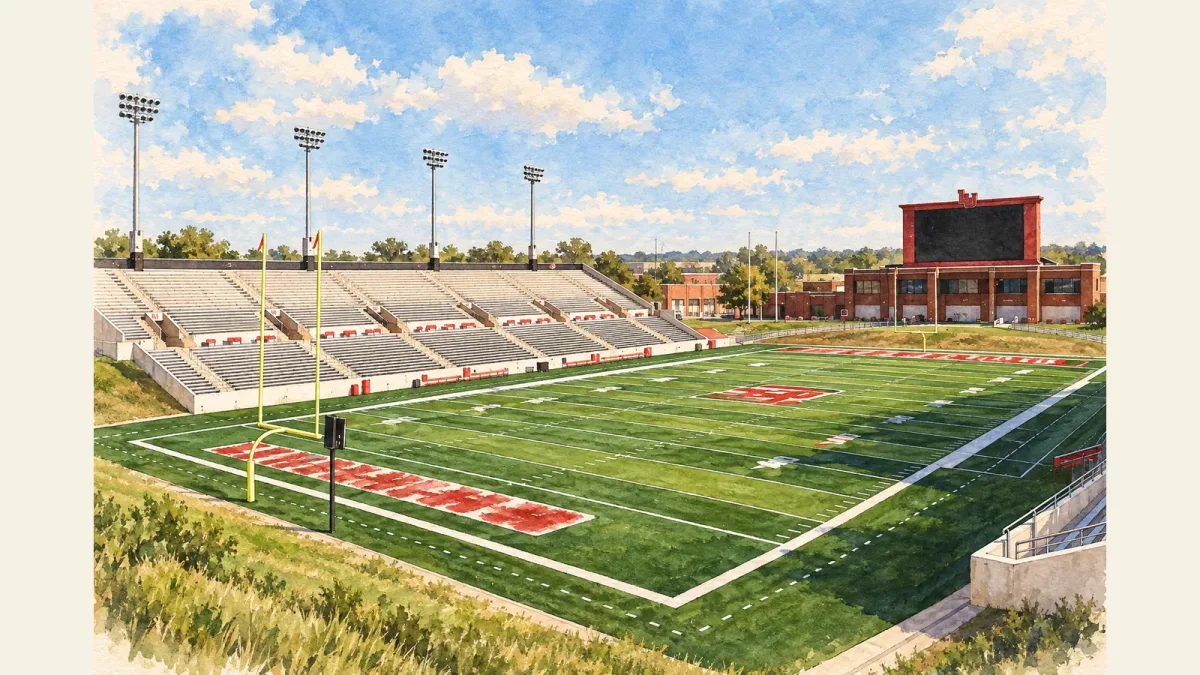 Watercolor illustration of Provost Umphrey Stadium