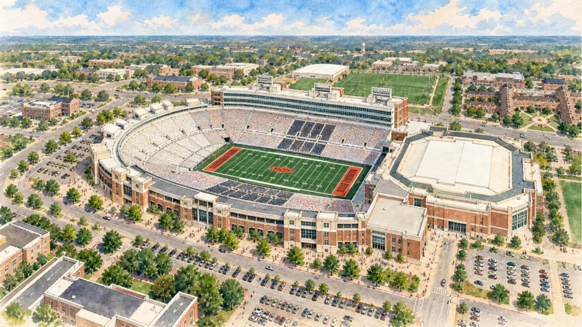Watercolor illustration of Boone Pickens Stadium